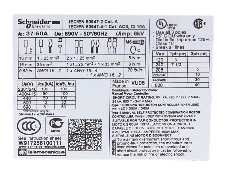 Schneider Motor Protection Circuit Breaker GV3P50 690V 37-50A