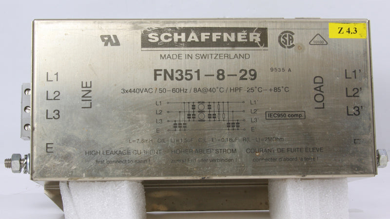 Schaffner 3 Phase Line Filter FN351-8-29 440VAC 50-60Hz